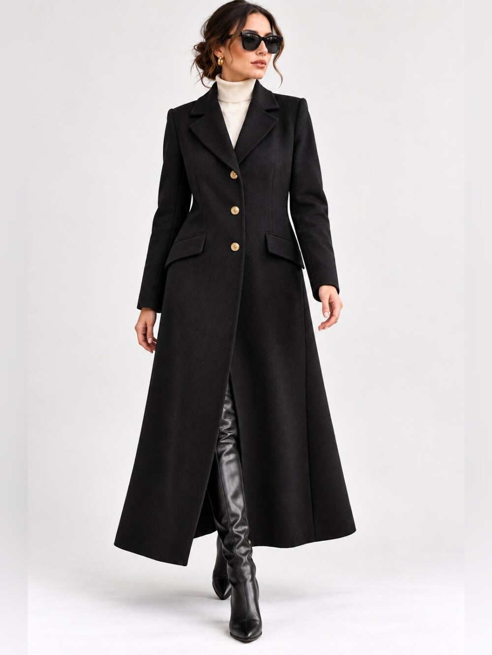 Vintage Montaldo's Cashmere Black Long Coat Gold Buttons Medium See Measurements